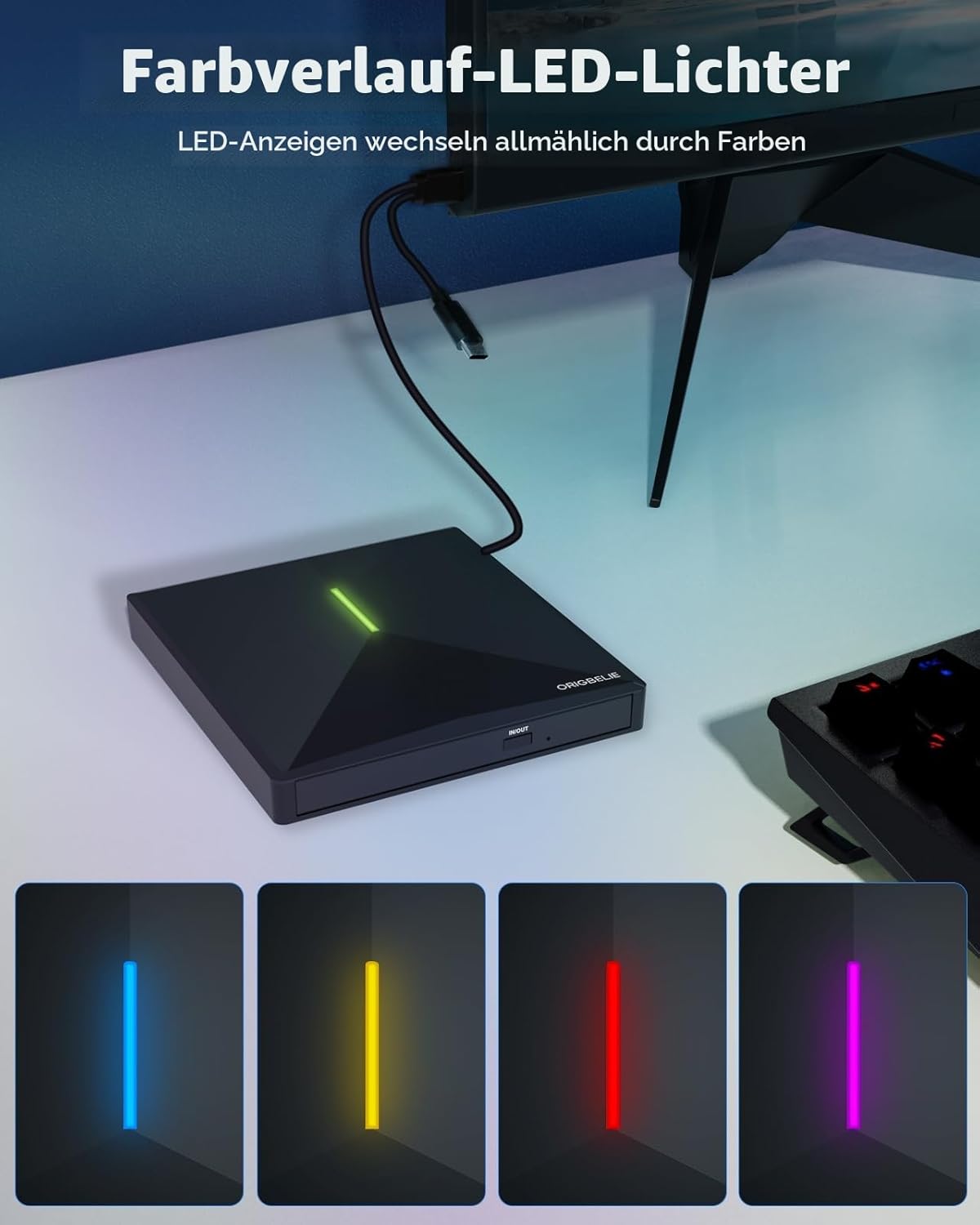Thumbnail 2 de ORIGBELIE Externes CD/DVD-Laufwerk mit USB 3.0 Hub, 4 USB-Anschlüssen und 2 TF/SD-Kartensteckplätzen