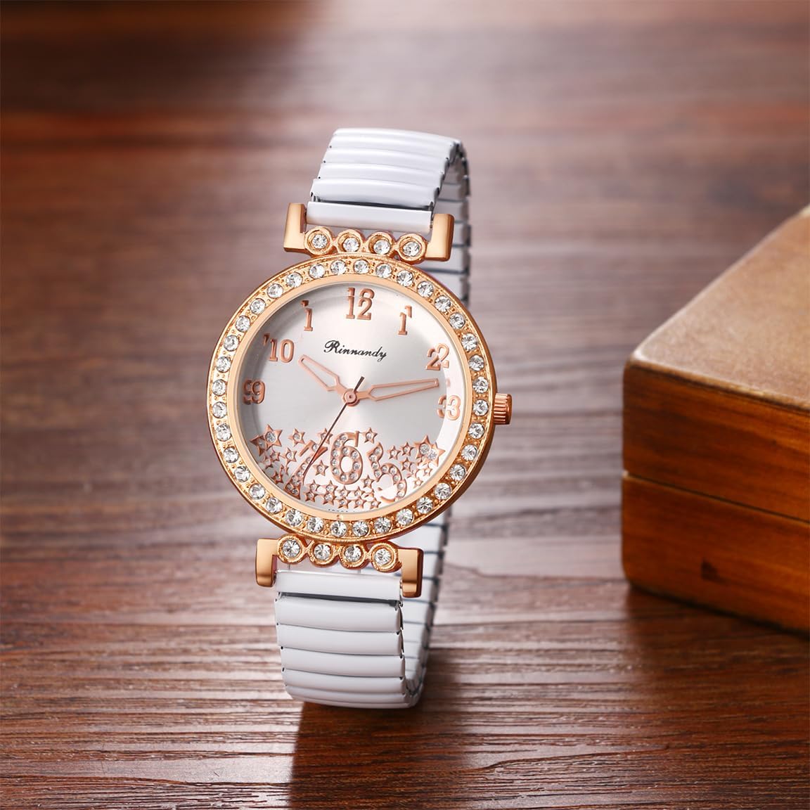 Detalle de Avaner Damenuhr Elastisch Diamantuhr mit Roségold-Optik – Zirkonia, Arabische Ziffern, Quarz, Edelstahlband
