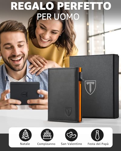 Thumbnail 6 de TEEHON Portafoglio Uomo Slim con Protezione RFID in Pelle, Portacarte Compatto, Bi‐Ante con Scomparti e Portamonete – Nero e Arancione