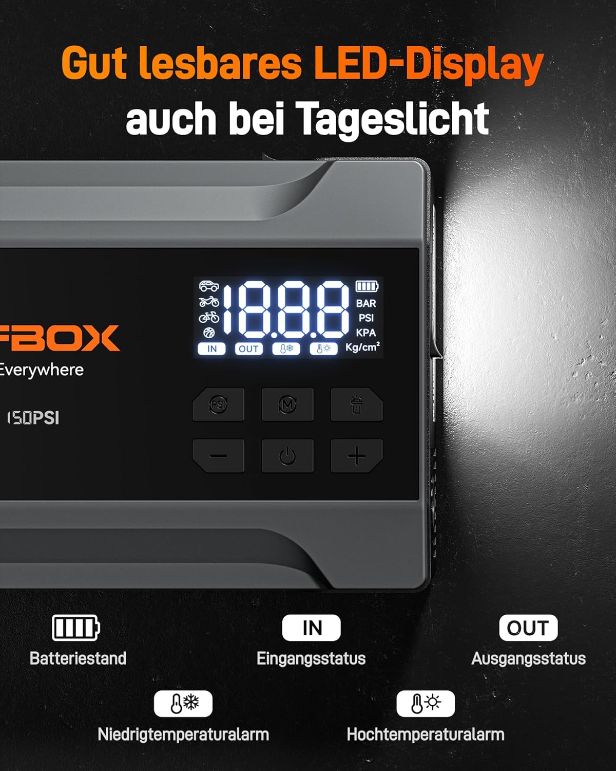 Thumbnail 4 de WOLFBOX 2000A Starthilfe Powerbank mit Luftkompressor (150 PSI) und LED-Notlicht, 10.000 mAh