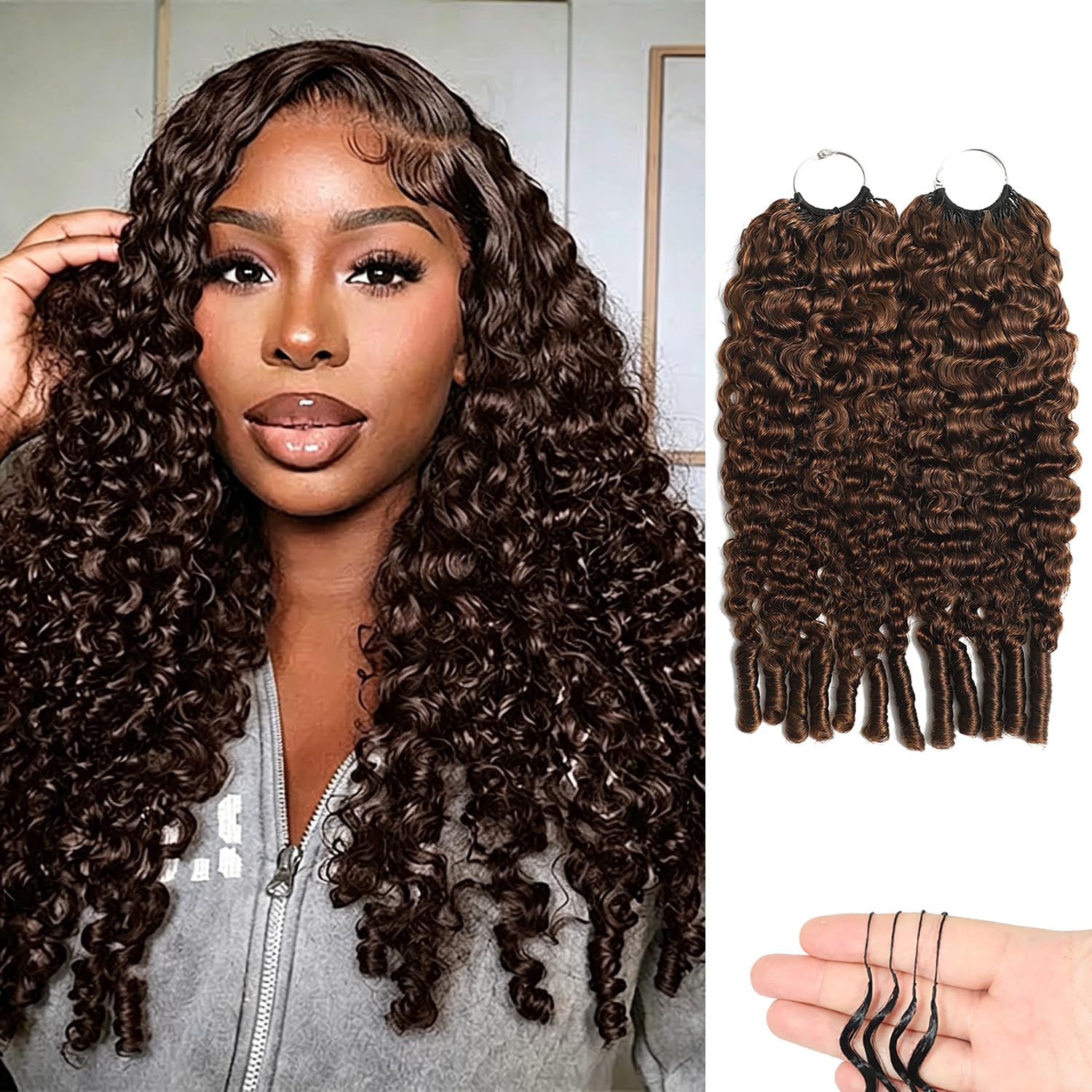Imagen de Feather Crochet Human Hair: Chocolate Brown Burmese Curly 18 Inch, 100% Virgin, Knotless Pre-Separated Crochet Extensions en OfertitasTOP