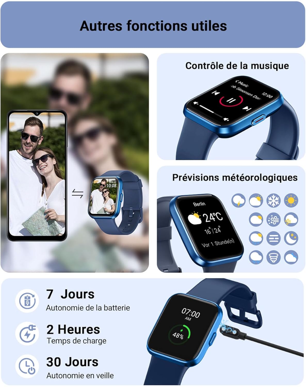 Thumbnail 5 de Smartwatch connectée Tensky Homme/Femme écran 1,85" avec Alexa intégrée, Bluetooth appels, 3ATM et suivi santé