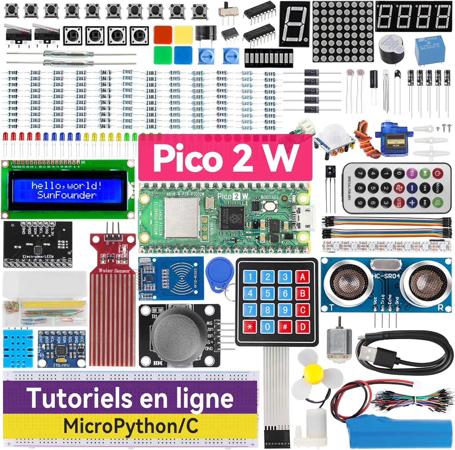 Kit d’apprentissage Raspberry Pi Pico 2W SunFounder : MicroPython, C/C++ et 96 projets IoT
