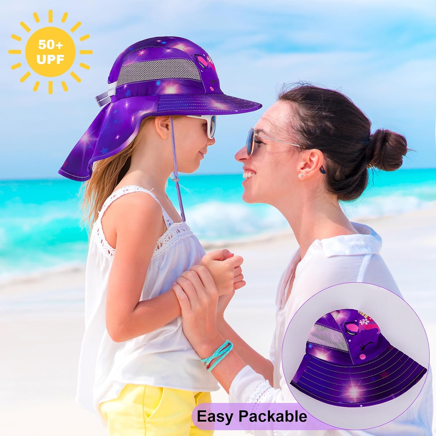 Detalle de MHJY Kids Girls Sun Hat with UV Protection, Adjustable Fit & Wide Brim Neck Flap (2–9 years)