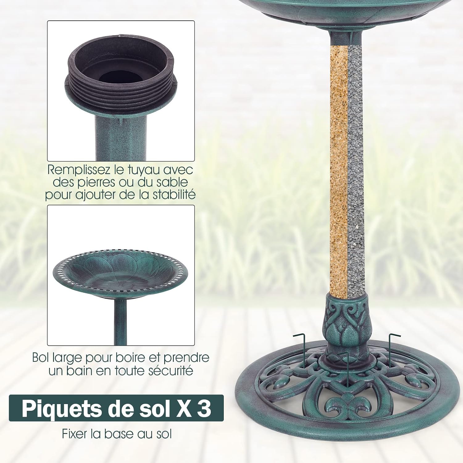 Thumbnail 2 de COSTWAY Abreuvoir Oiseaux Extérieur Plateau Diamètre 50 cm, Hauteur 72 cm – Design Antique Cuivre Vert
