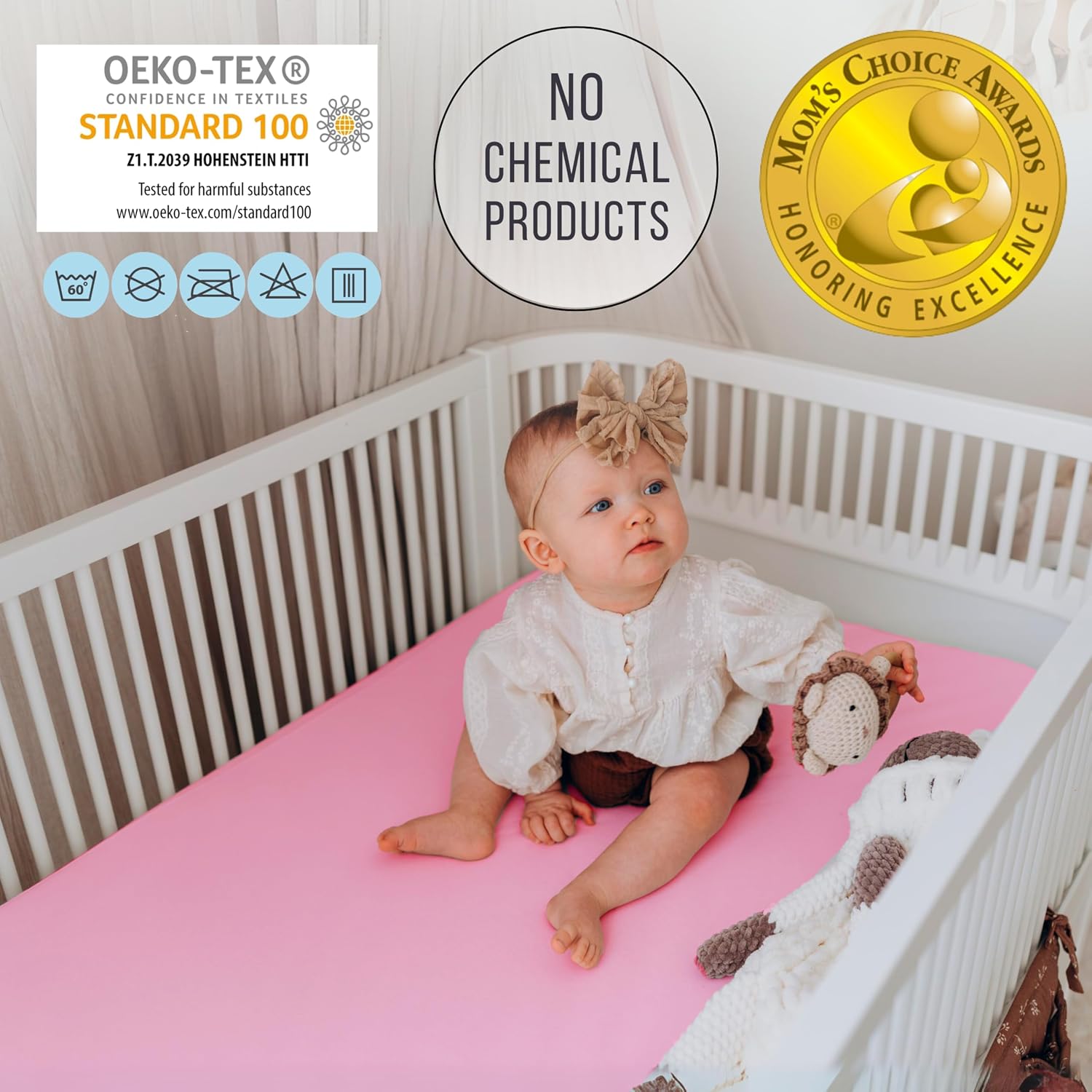 Thumbnail 1 de Bisoo Spannbettlaken 50x95 / 50x100 (wasserdicht & atmungsaktiv) – Jersey Bettlaken für Babybett, Rosa
