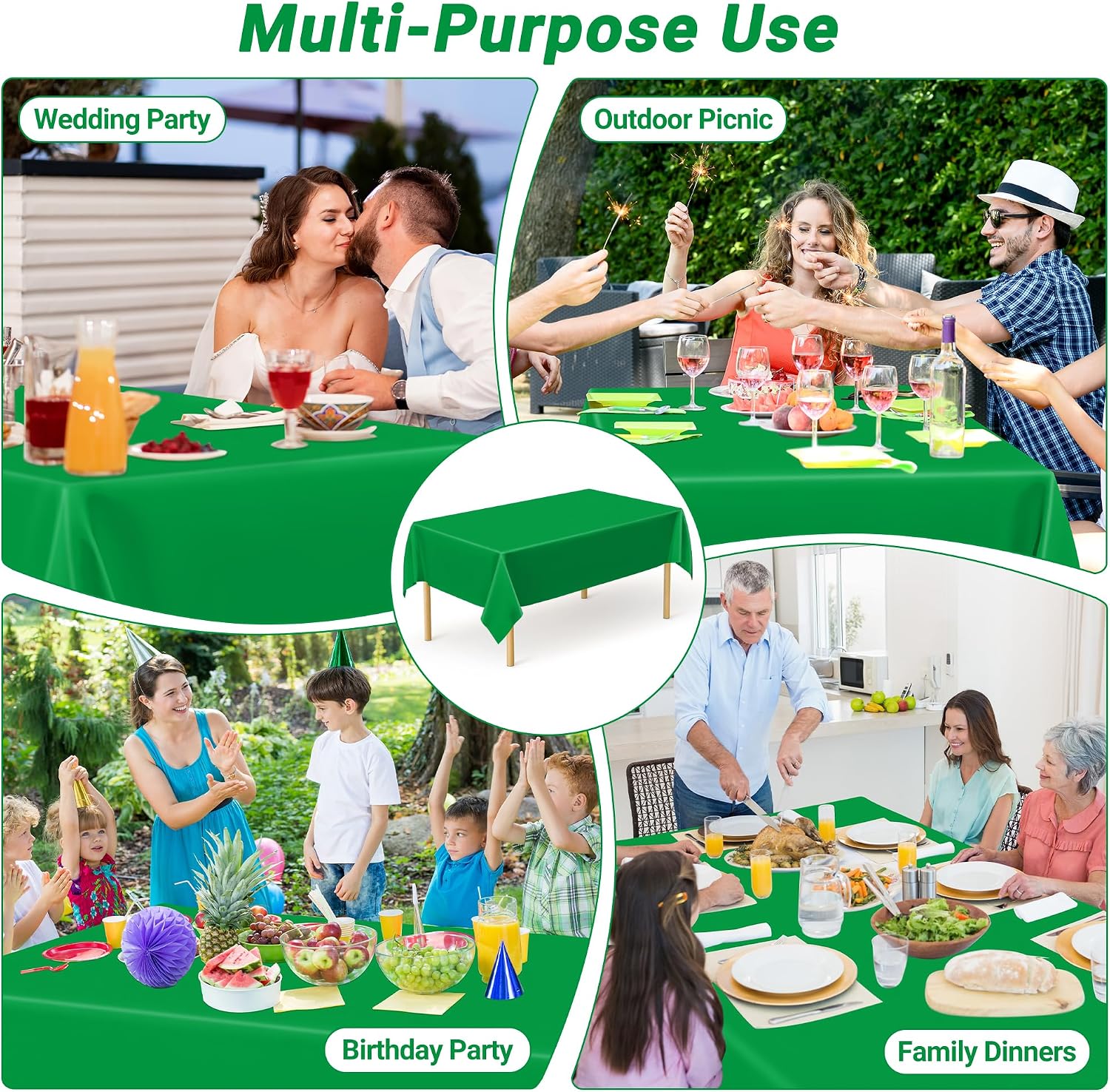 Detalle de 4 Pack 54 x 108 Inches Plastic Tablecloths for Rectangle Tables — Green, Waterproof & Mess-Ready