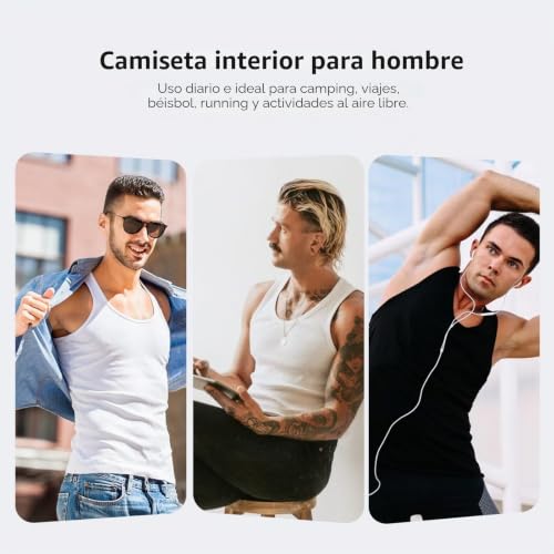 Detalle de YouShow Camisetas Tirantes Hombre 100% Algodón — Pack 3 (Negro, Blanco, Gris) talla L