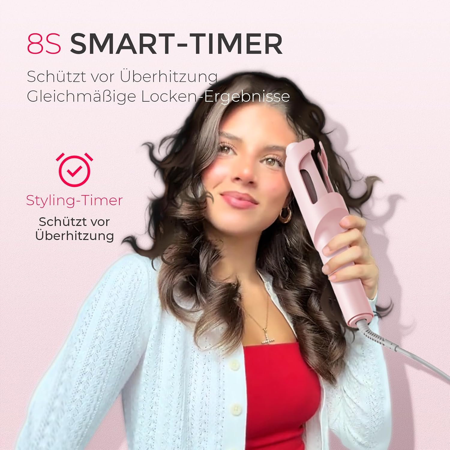 Detalle 2 de TYMO CURLPRO Lockenstab automatisch 32 mm – Locken mit drehbarer Heiztechnik, 160–210 °C, Hitzeschutz, rosa