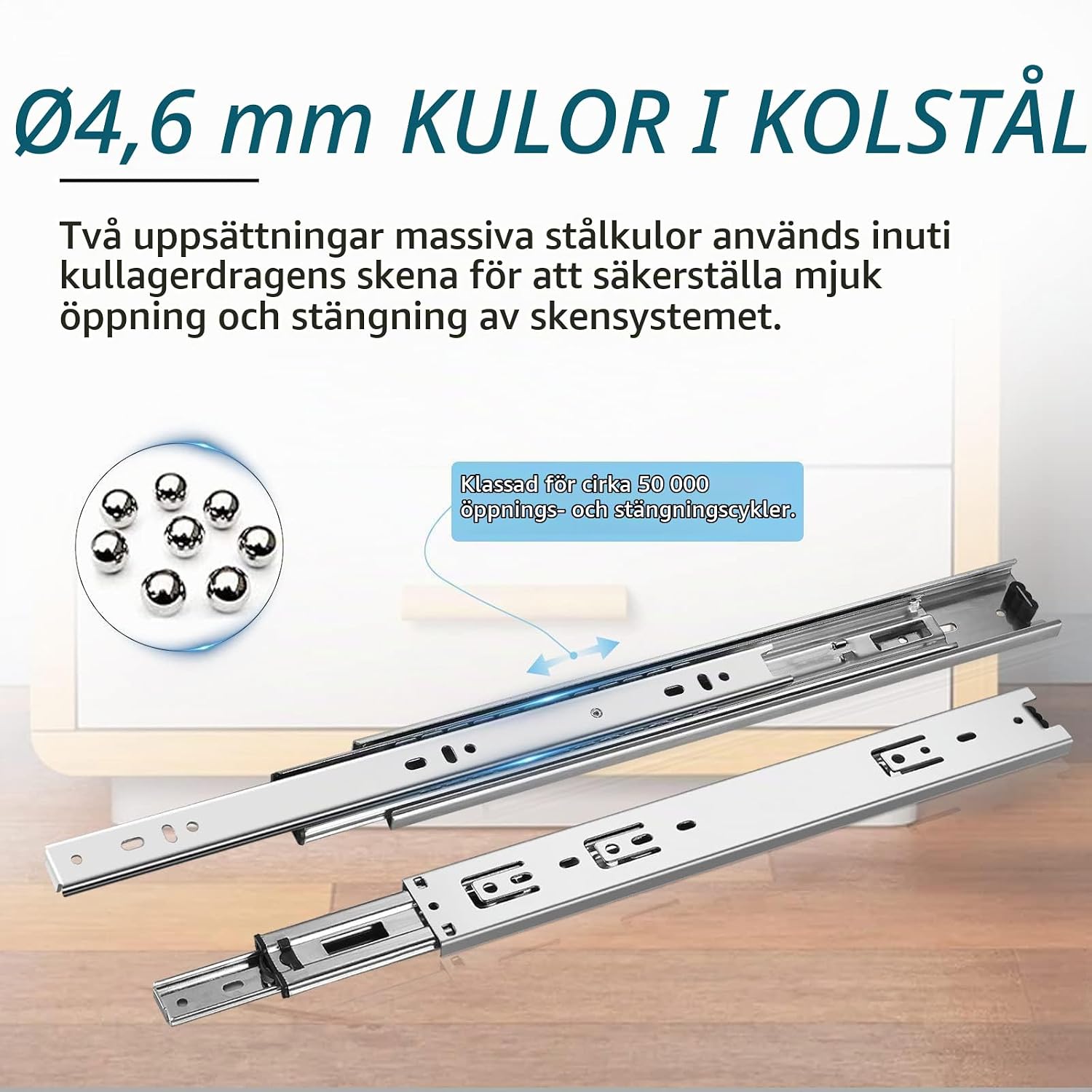 Detalle 1 de AOLISHENG 450 mm lådskenor med fullt utdrag, sidomontering och 45 kg kapacitet