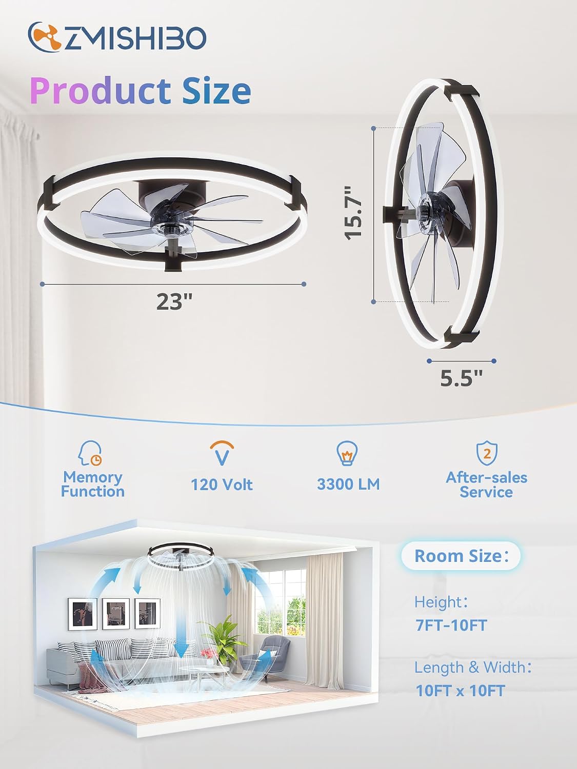 Detalle 2 de ZMISHIBO KDMM23 23-Inch RGB Ceiling Fan with Light, Remote and App Control