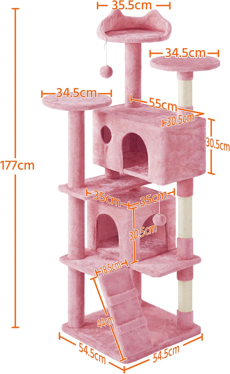 Detalle de Yaheetech Albero Tiragraffi per Gatti 178 cm con 3 Pali Graffiatoi, Grotta e Pompon in Peluche (Rosa)