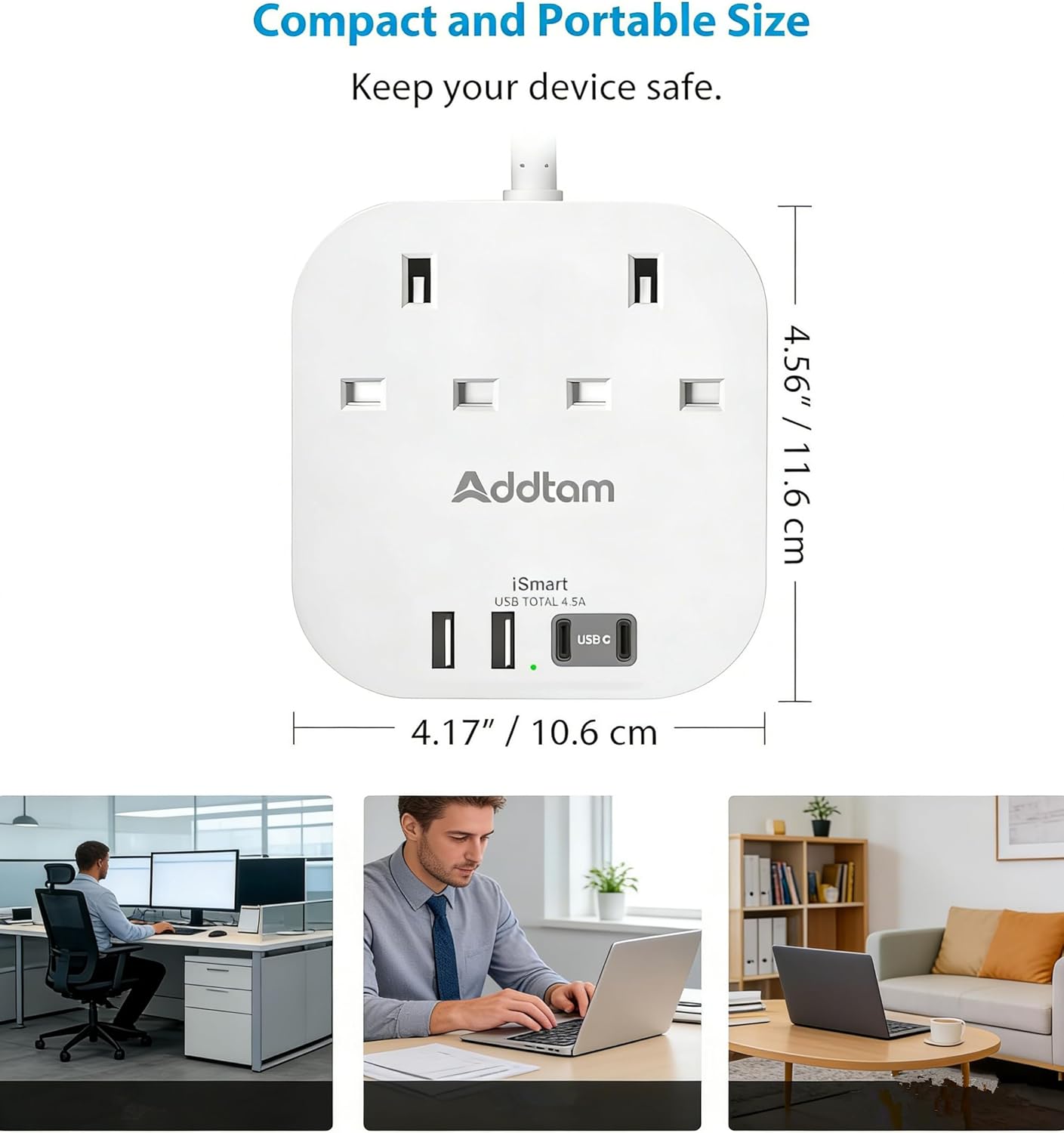Thumbnail 5 de Addtam Extension Lead Power Strip with 2 Way Outlets, 4 USB Ports and 5m Braided Cord (Surge Protection)