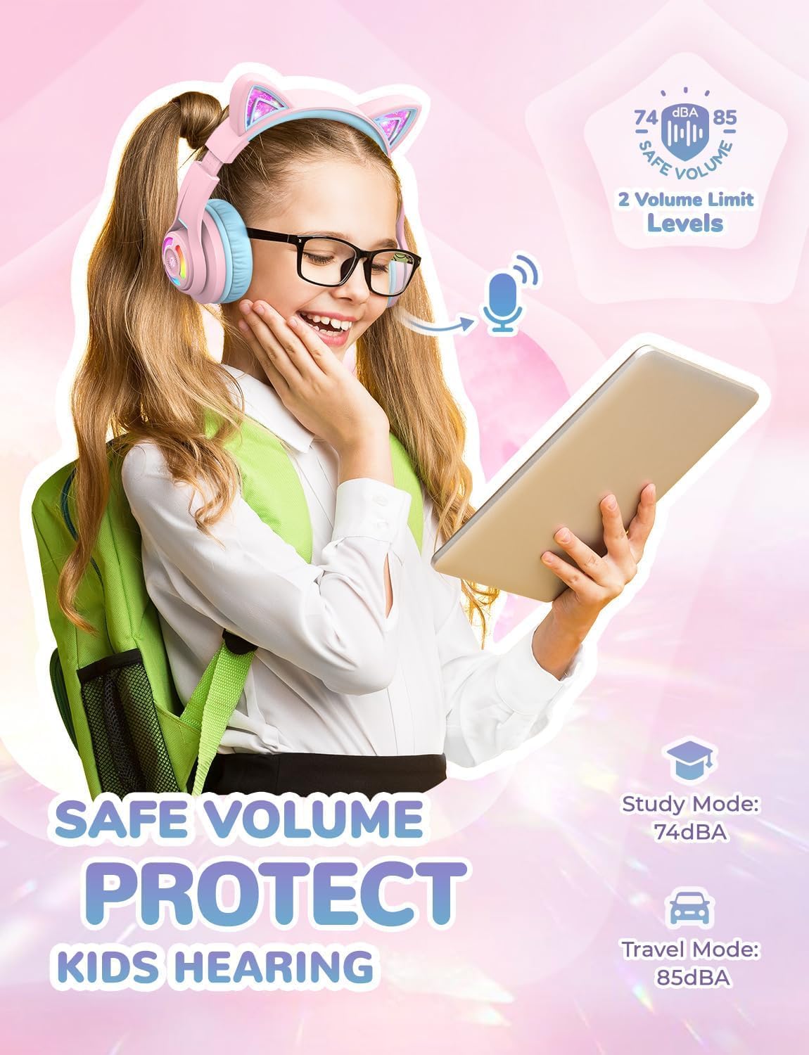 Detalle de iClever Bluetooth Kopfhörer Kinder mit Katzenohr-LED, MIC und 3,5-mm-Kabel (BTH13, 50 Std. Spielzeit)