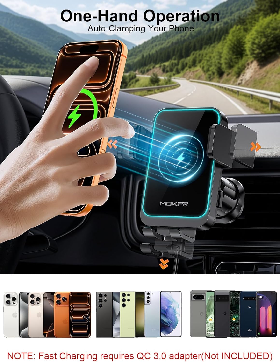 Detalle de MOKPR Car Phone Holder Wireless Charger (15W) with Auto-Clamping Arms, 360° Rotation