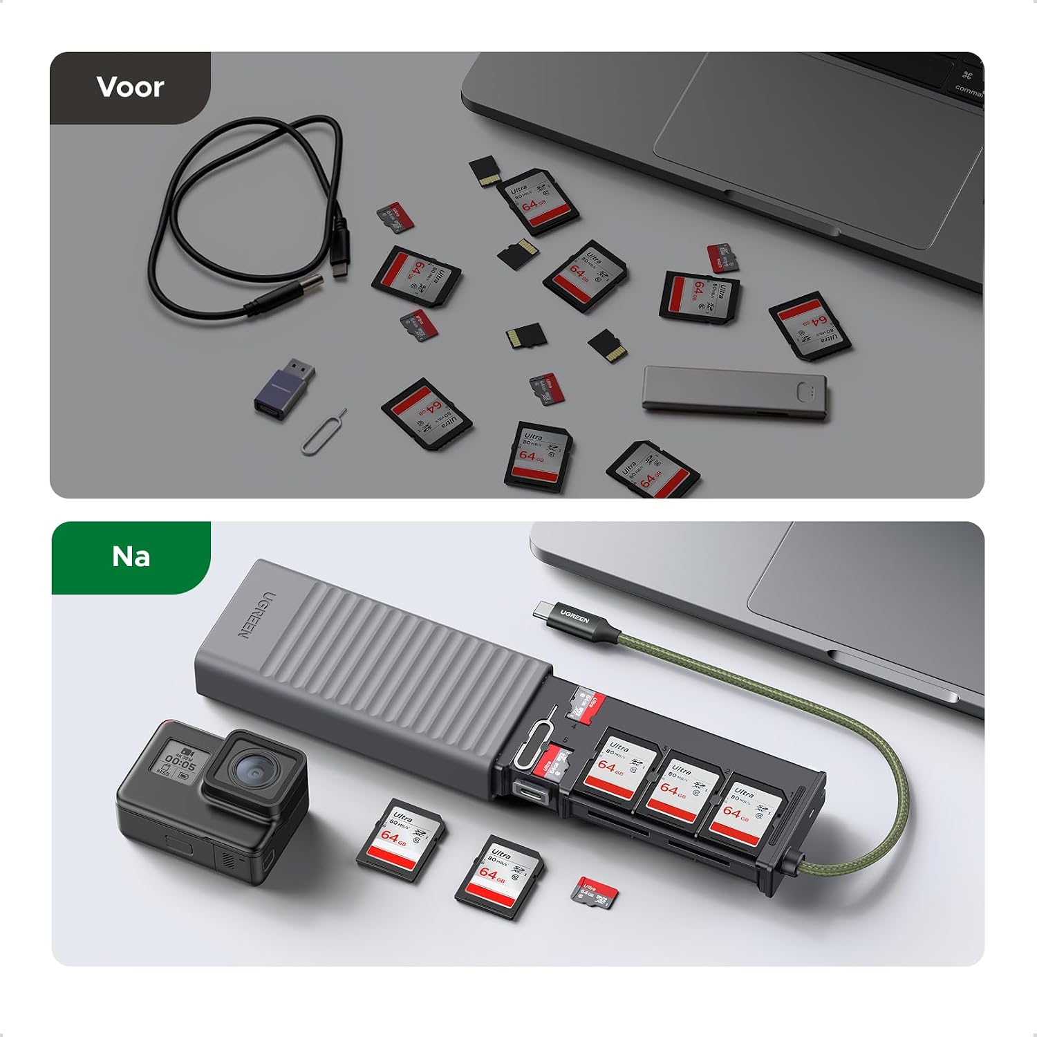 Thumbnail 3 de UGREEN USB-A- en USB-C-kaartlezer met opbergbox voor SD- en microSD-kaarten