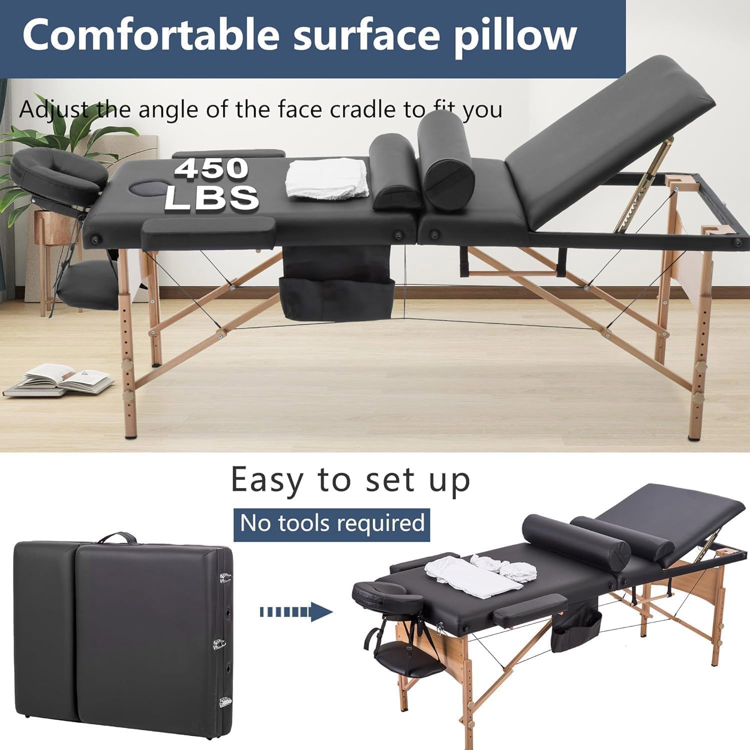 Thumbnail 4 de BestMassage MT-T3SF2-Black Portable Massage Table, 73" x 28", Adjustable Height