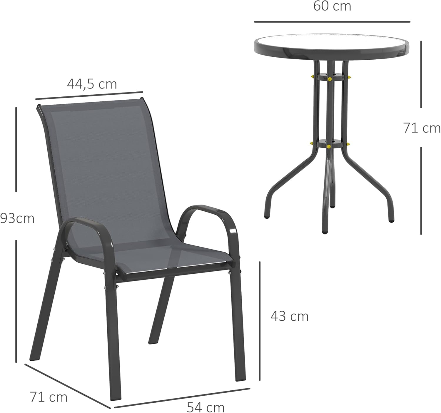 Thumbnail 6 de Outsunny Salon de Jardin Extérieur 3 Pièces — 2 Fauteuils Empilables + Table Basse en Verre Trempé, Gris Foncé