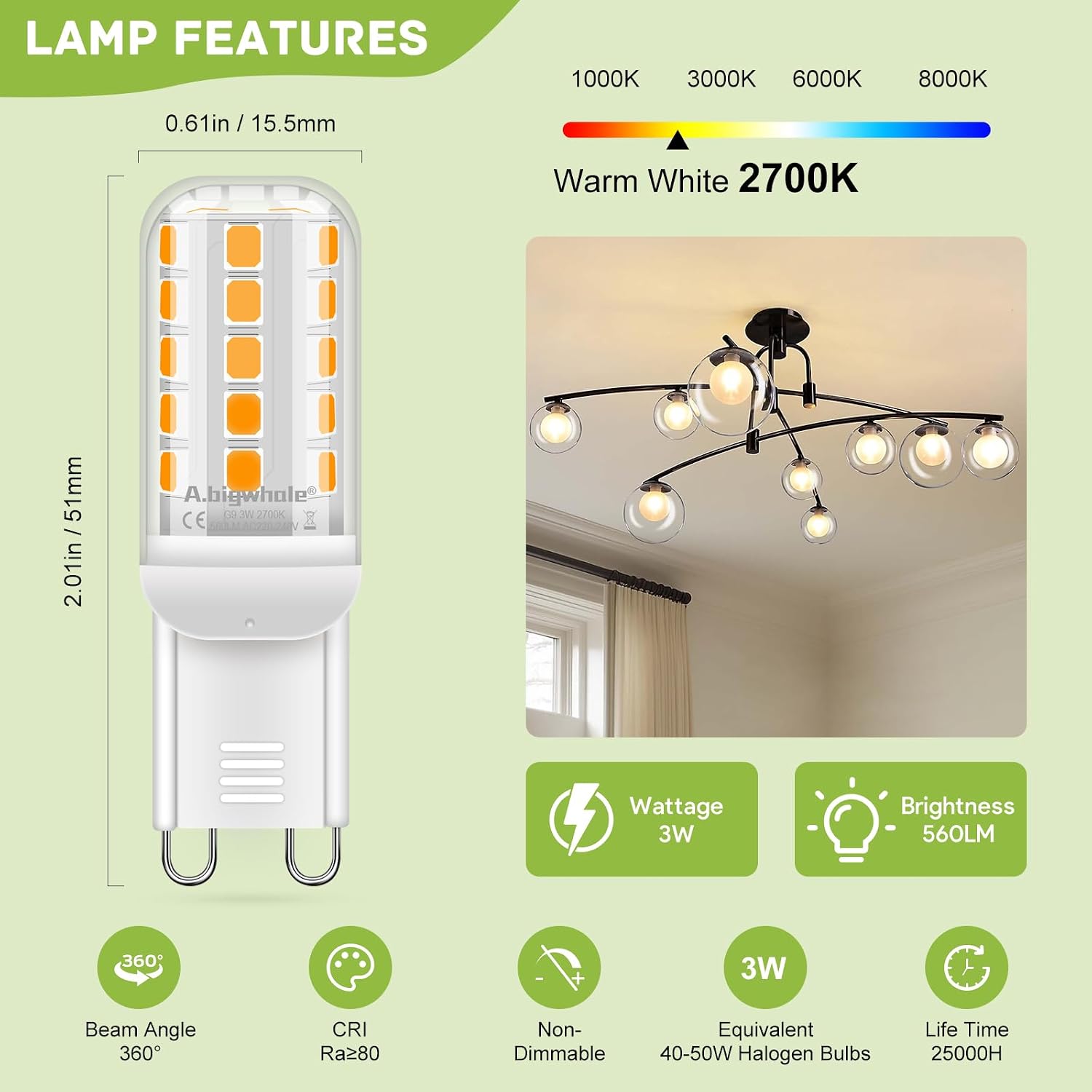 Detalle de A.bigwhale G9 LED Lampe Warmweiß 2700K, 3 W (entspricht 40–50 W), 560 lm – 4er-Set