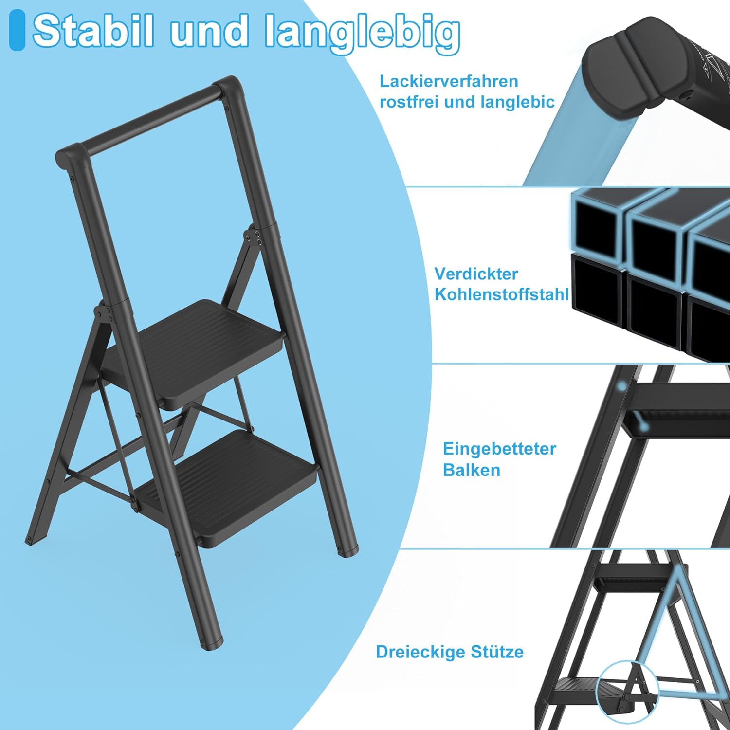 Thumbnail 2 de UISEBRT Scala pieghevole a 2 gradini con corrimano – stabile, leggera e salvaspazio