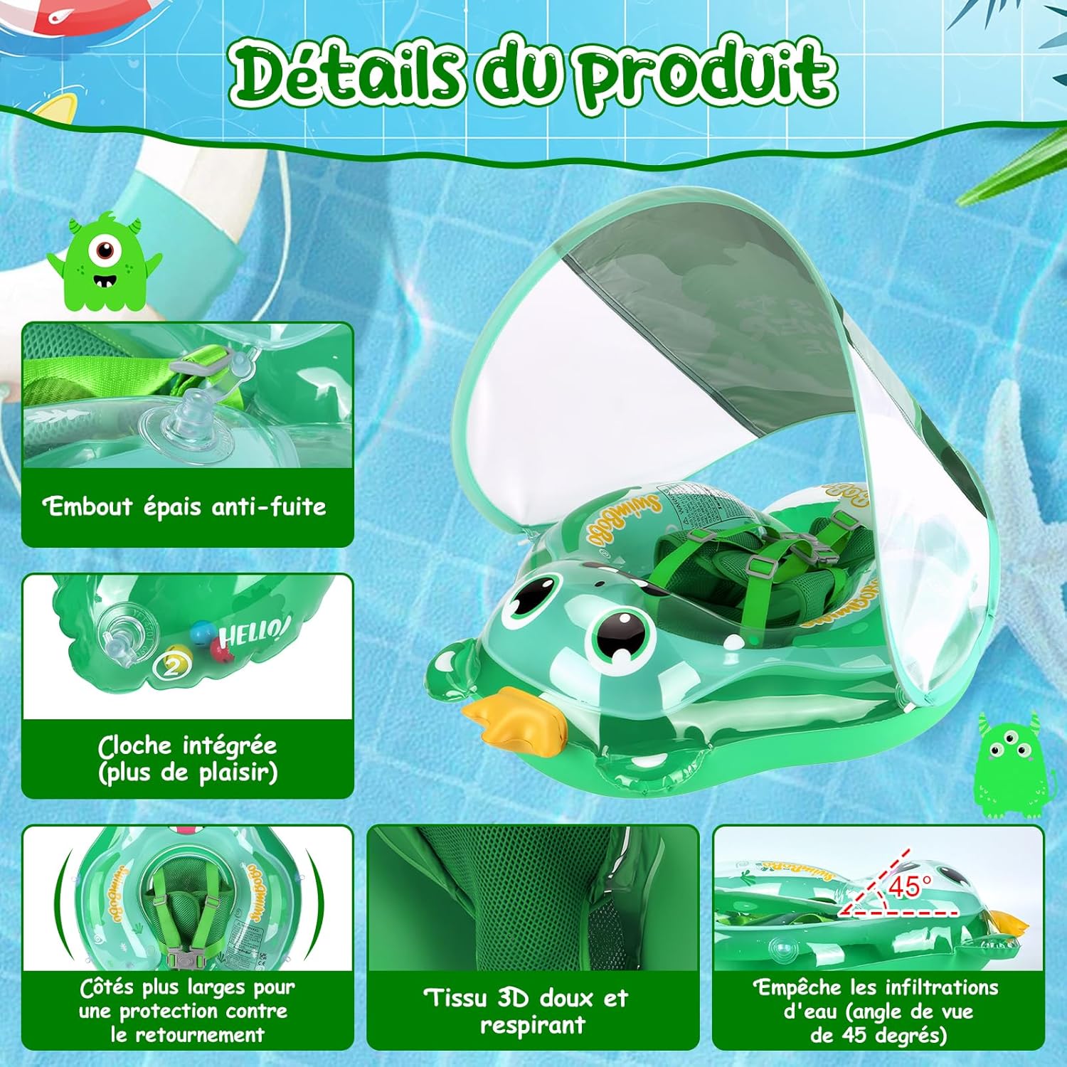 Thumbnail 1 de YOOHBERRYS Bouée bébé avec pare-soleil et support inférieur (3 à 36 mois) – flotteur de natation gonflable