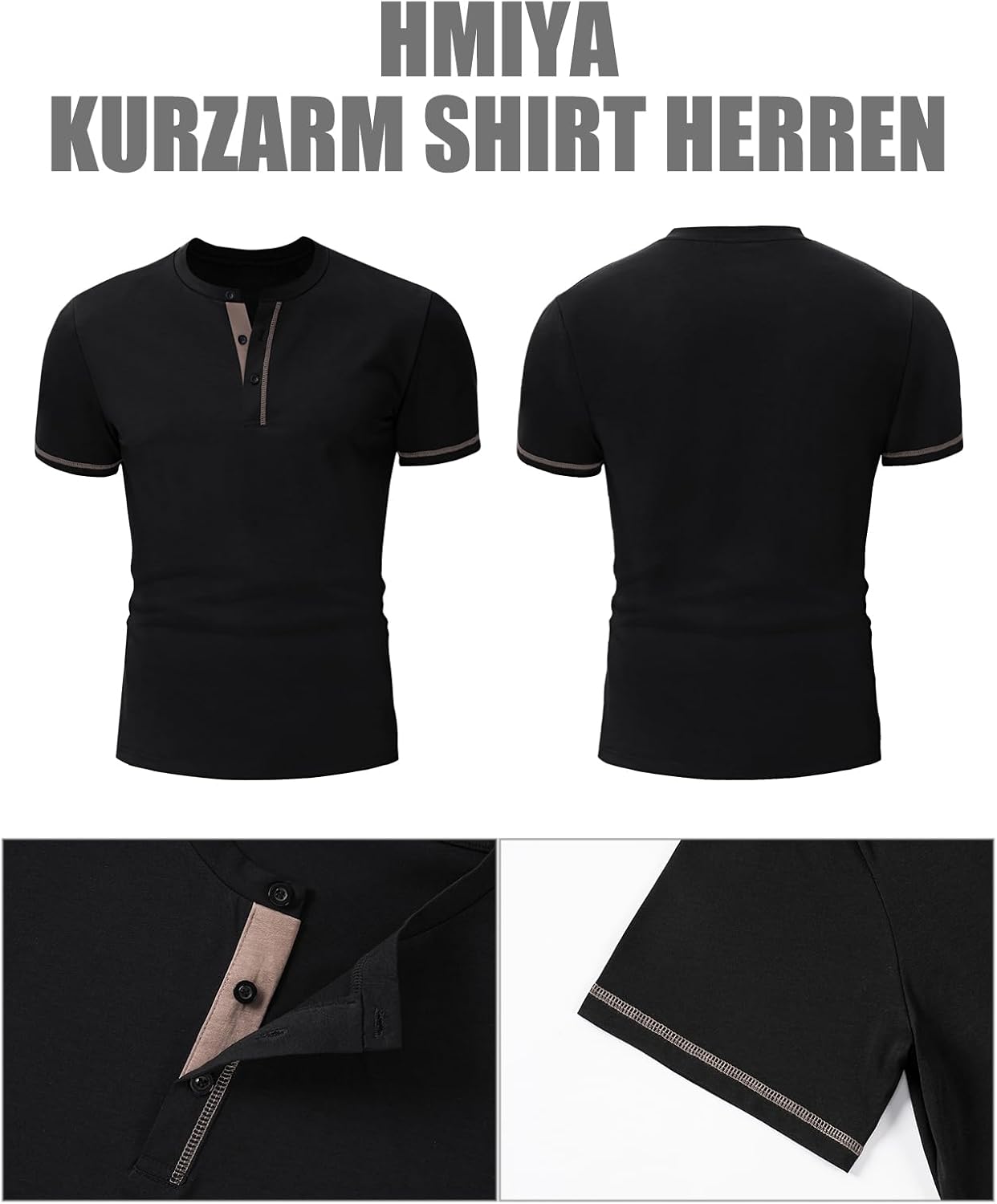 Thumbnail 4 de HMIYA Henley Kurzarm T-Shirts für Herren – Baumwoll-Shirt mit Knopf-Detail & Color-Blocking-Ärmeln