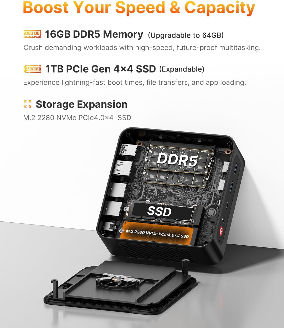Detalle de BOSGAME P3 Mini Gaming PC with Ryzen 7 7840HS — Compact Power for 3x4K Displays and Multitasking