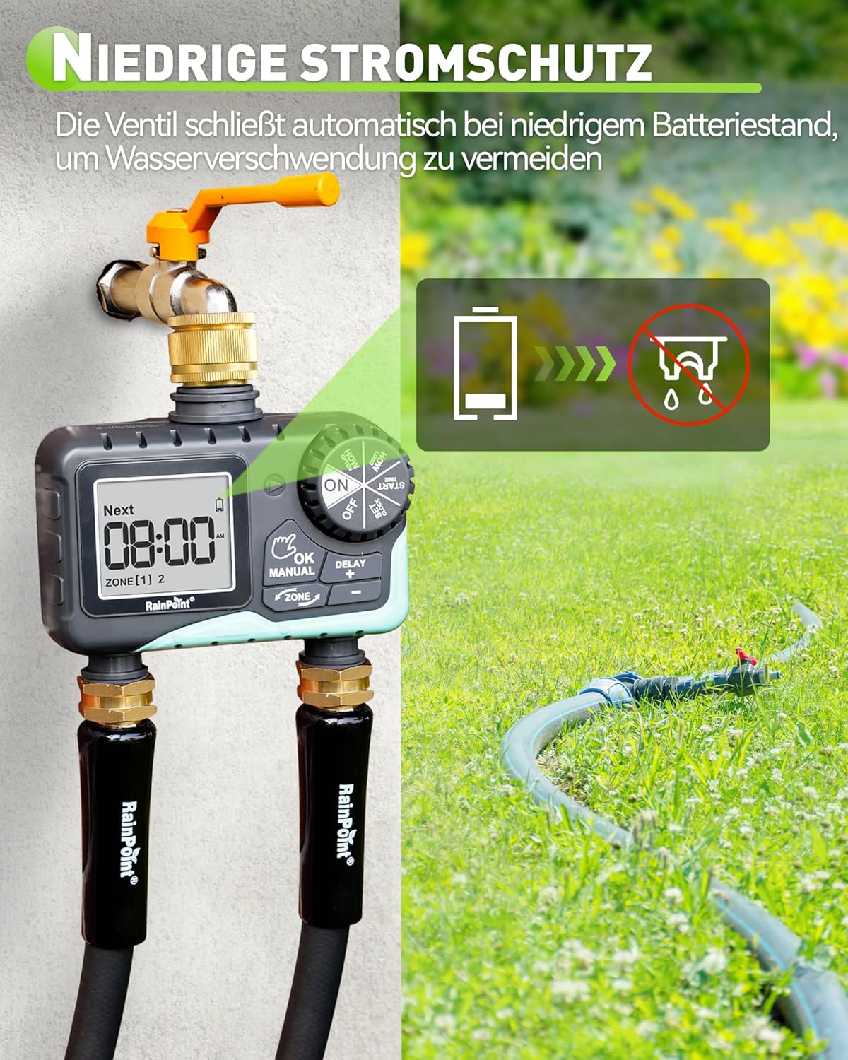 Thumbnail 5 de RAINPOINT Bewässerungscomputer „2“ mit 2 Ausgängen, Messing-Drehgelenk & Regenverzögerung