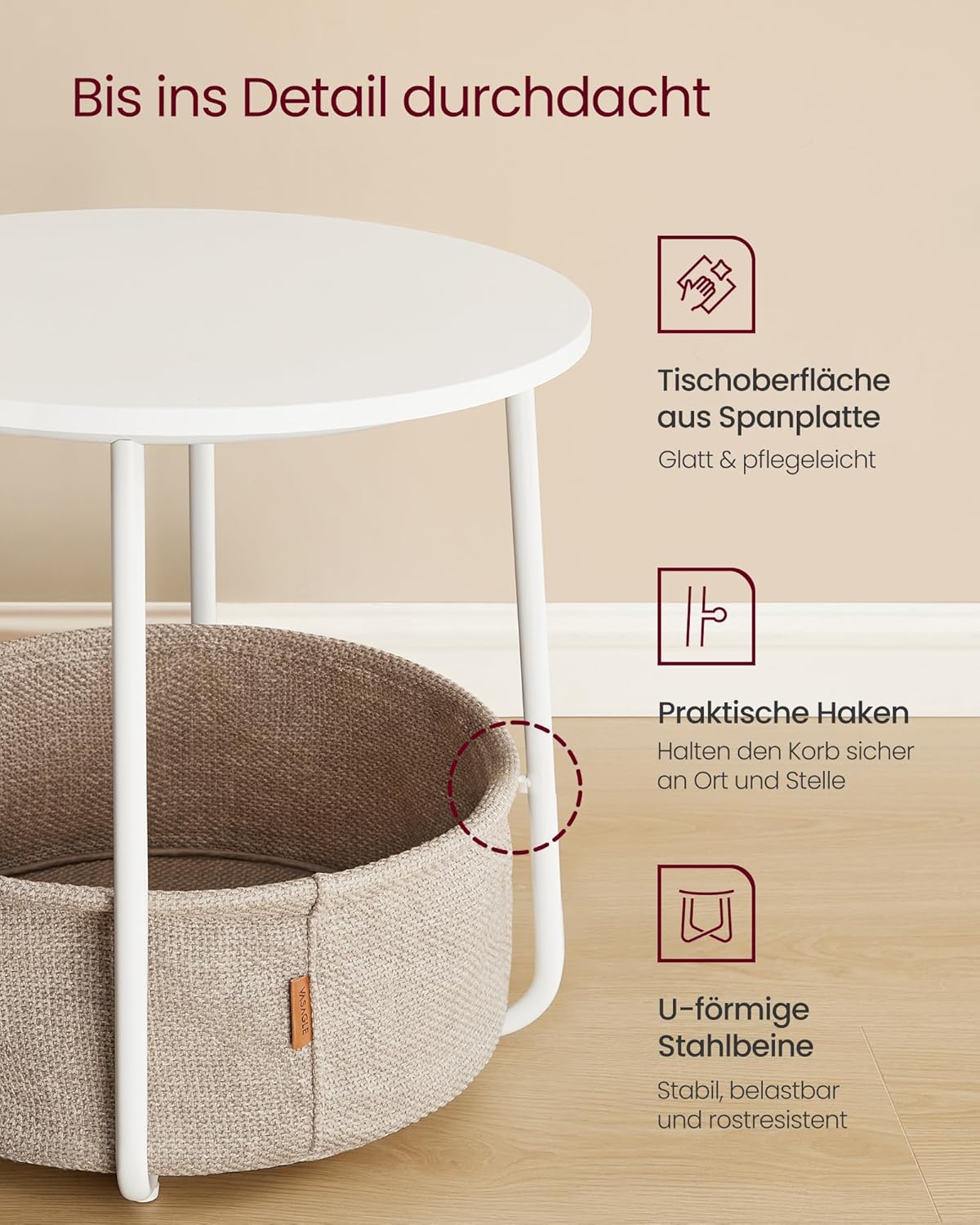 Detalle 2 de VASAGLE Beistelltisch mit Lampe 3-in-1 – Tisch, Lampe und Aufbewahrungskorb, mattweiß LFL004WC04