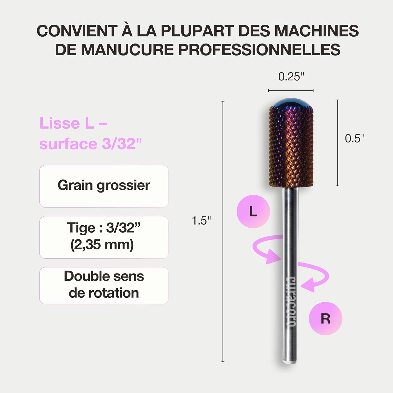 Detalle de Curacoro Embouts de ponceuse 3/32'' en carbure — forme L et grain moyen pour finition d’ongles en gel ou acrylique