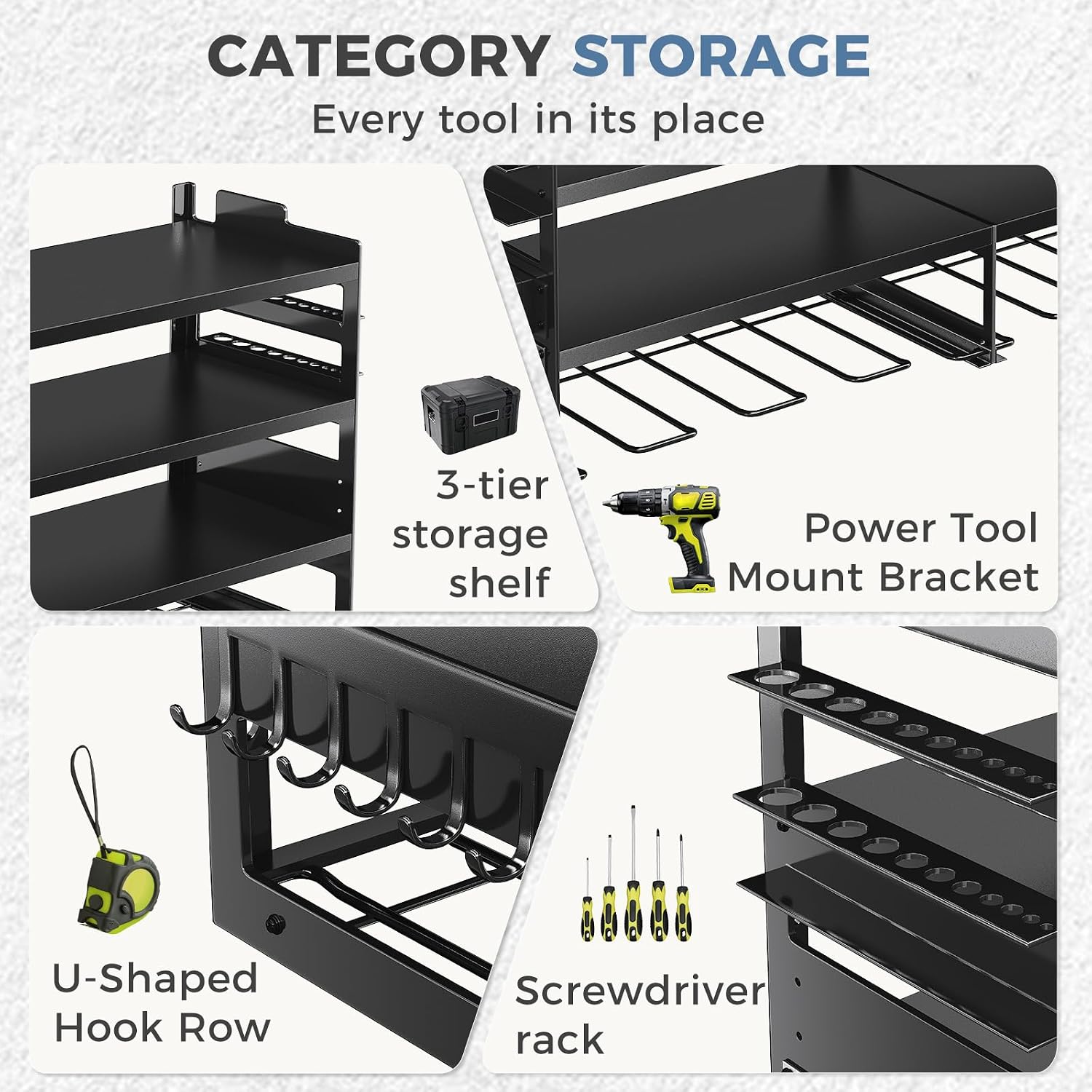 Detalle de DUMOS Wall-Mounted Power Tool Organizer, 600-Lb Capacity