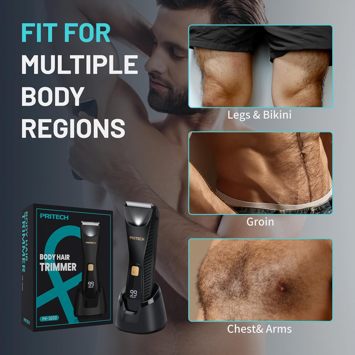 Detalle 1 de PRITECH Manscape Body Hair Trimmer for Men (Waterproof, Ceramic Blades, USB-C Charging)