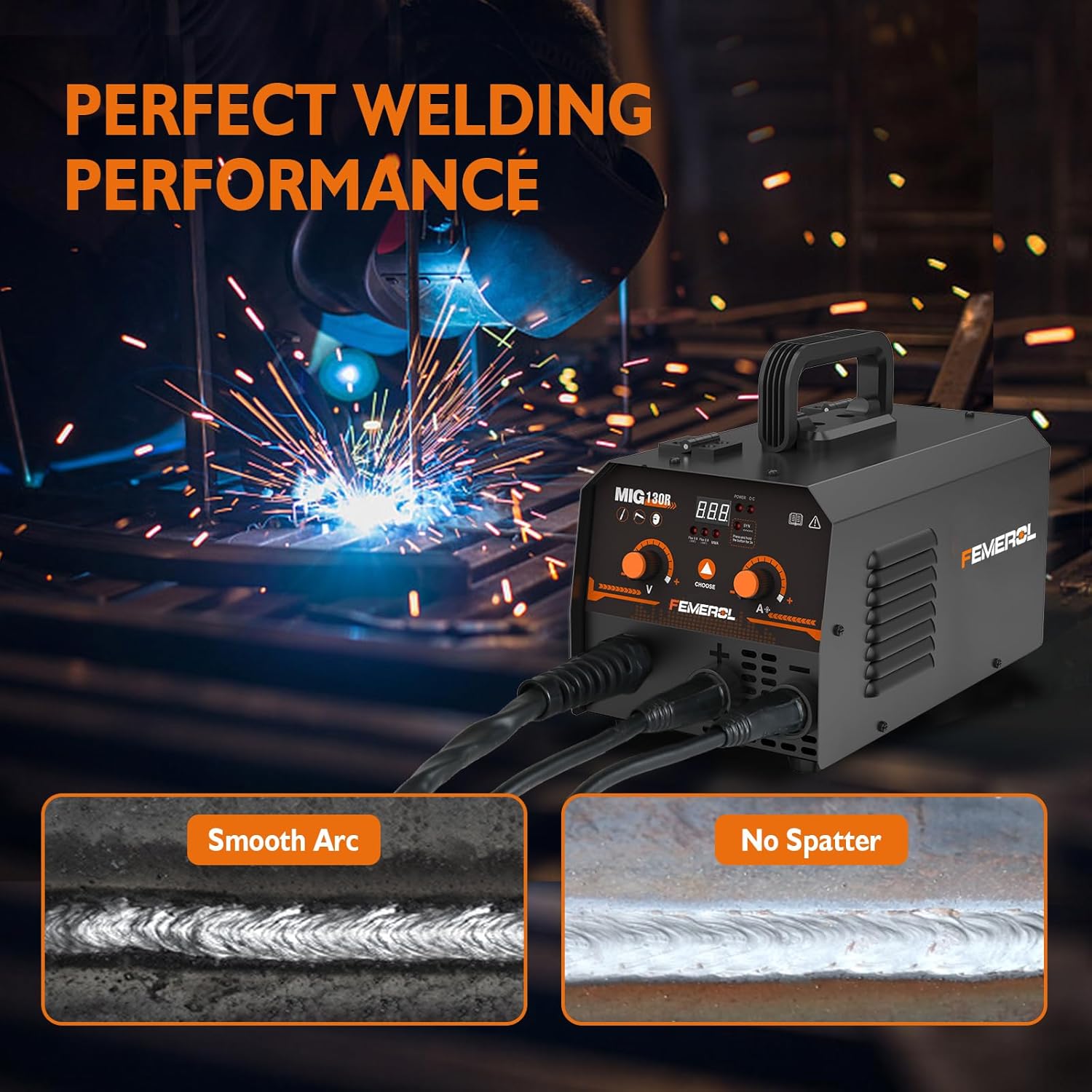 Detalle de FEMEROL MIG Welder 130A 2-in-1 Flux Core / Stick Welder (110V) — Portable, Synergic MIG Inverter