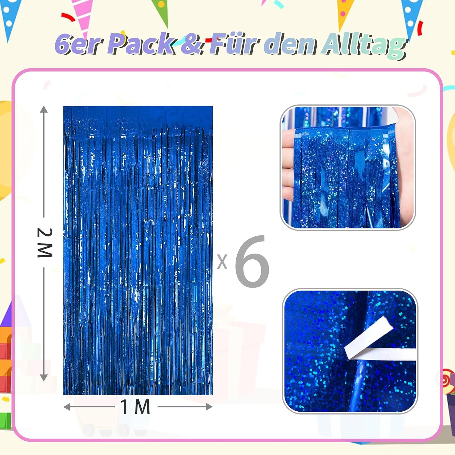 Thumbnail 6 de Auzeron 6 Stück Lametta Vorhang – Metallischer Fransen Vorhang Blau 1 x 2 m