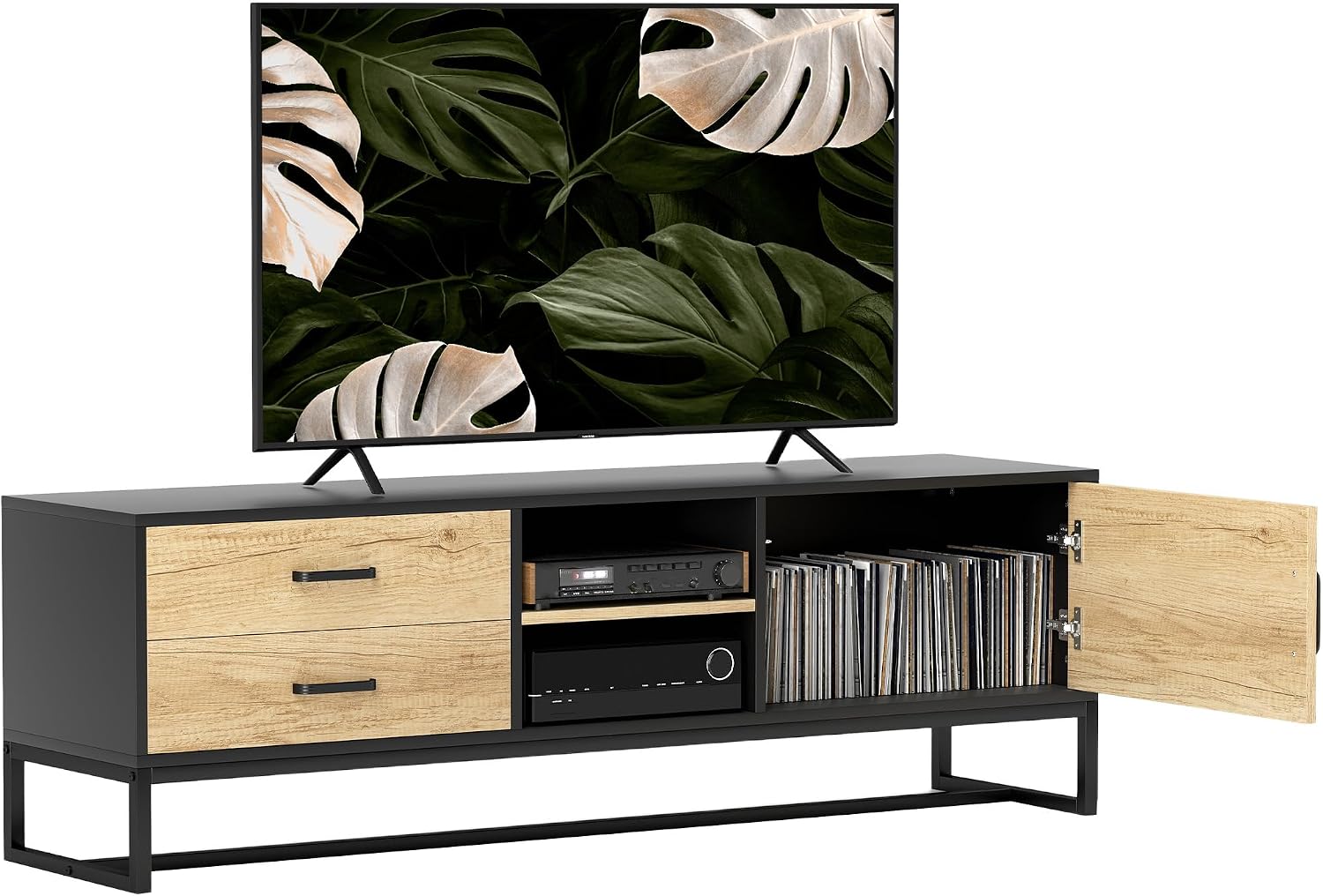 Imagen de HOMCOM Meuble TV Bois Naturel pour écran jusqu’à 60 pouces – rangement polyvalent et étagère ajustable en OfertitasTOP