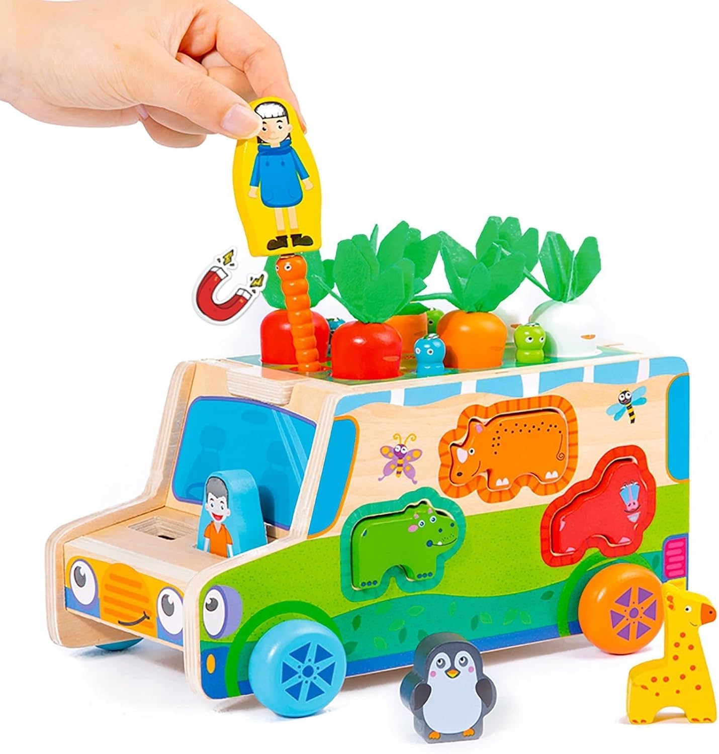 Detalle de KUKUTrue 001 Montessori-houten speelgoedset met auto, dieren en radijsjes