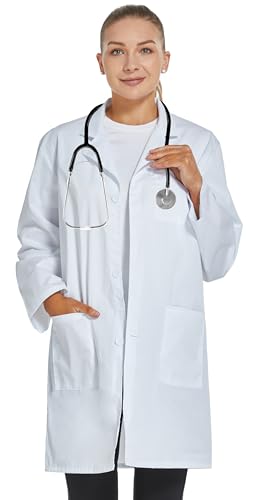 Detalle de VOGRYE Women's Medical Lab Coat — Three Pocket, Long Sleeve, Button Front in White