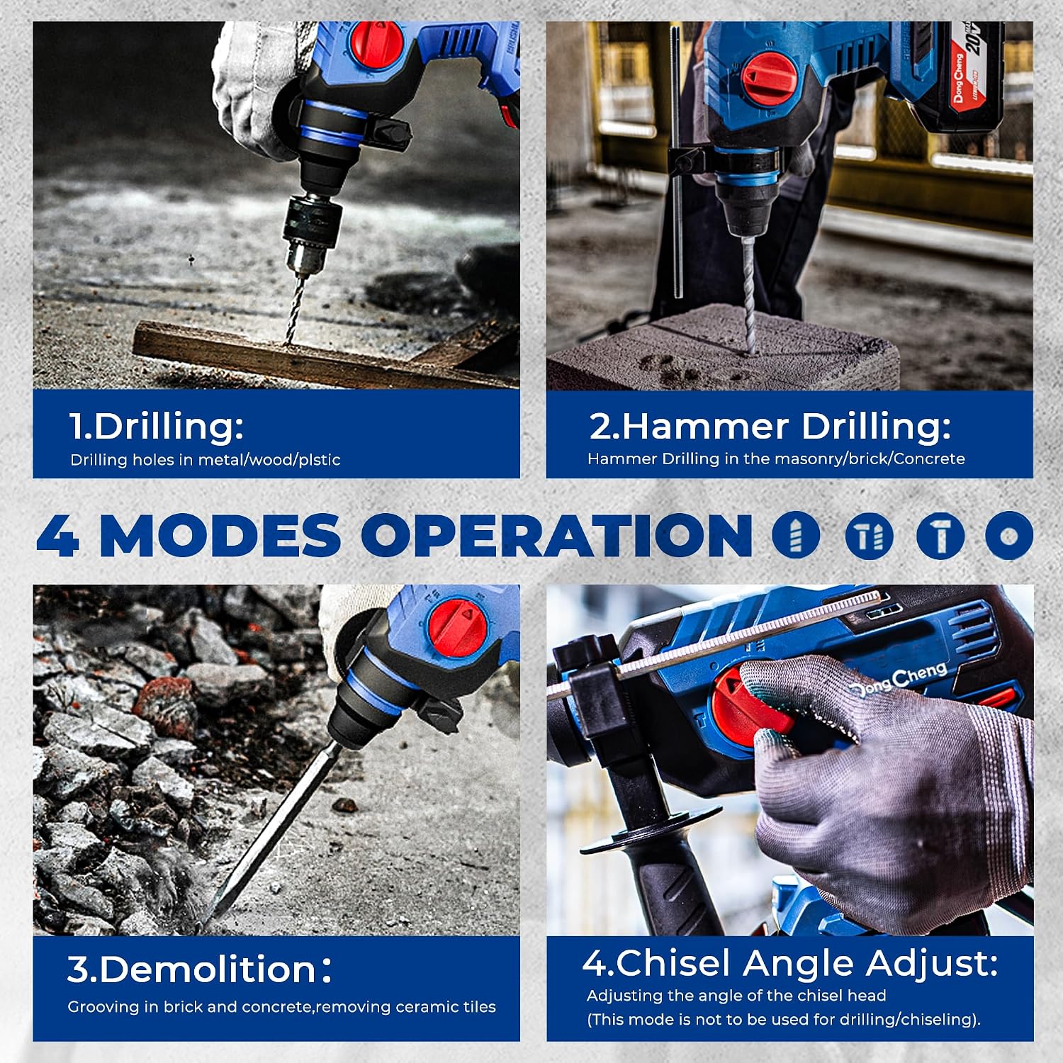 Detalle de Dong Cheng 20V MAX Brushless Cordless Rotary Hammer Drill (22mm SDS-Plus), 4 Modes with 4.0Ah Battery