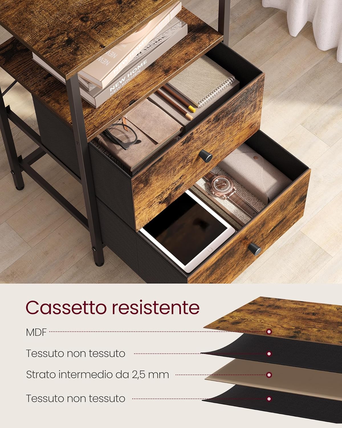 Detalle de VASAGLE Set di 2 Comodini, Tavolino con 2 Cassetti in Tessuto – Marrone Vintage/Nero Opaco, LGS225K01