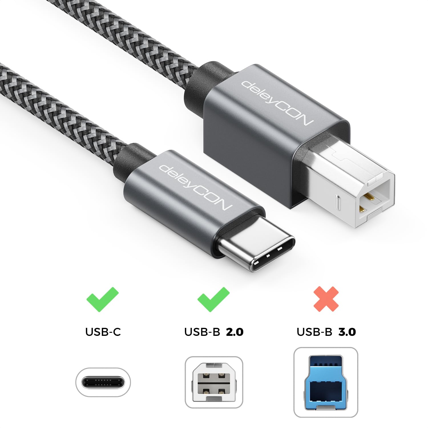 Detalle de deleyCON USB-C zu USB-B 2.0 Druckerkabel 1,5 m – Kabel für Drucker, Scanner und Multifunktionsgeräte