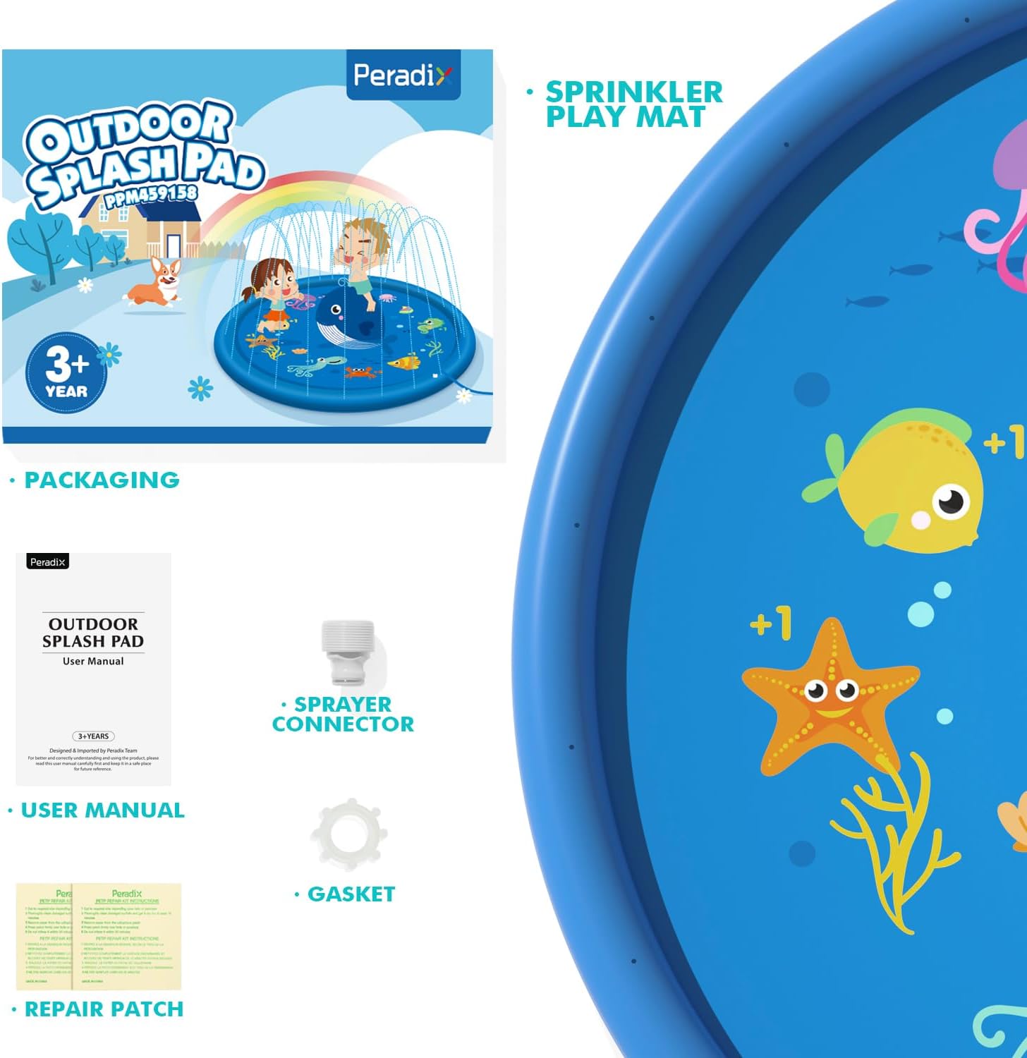 Thumbnail 5 de Peradix Sprinklers Pad for Kids (67 inch) – Outdoor splash pad water spray play mat for garden or beach