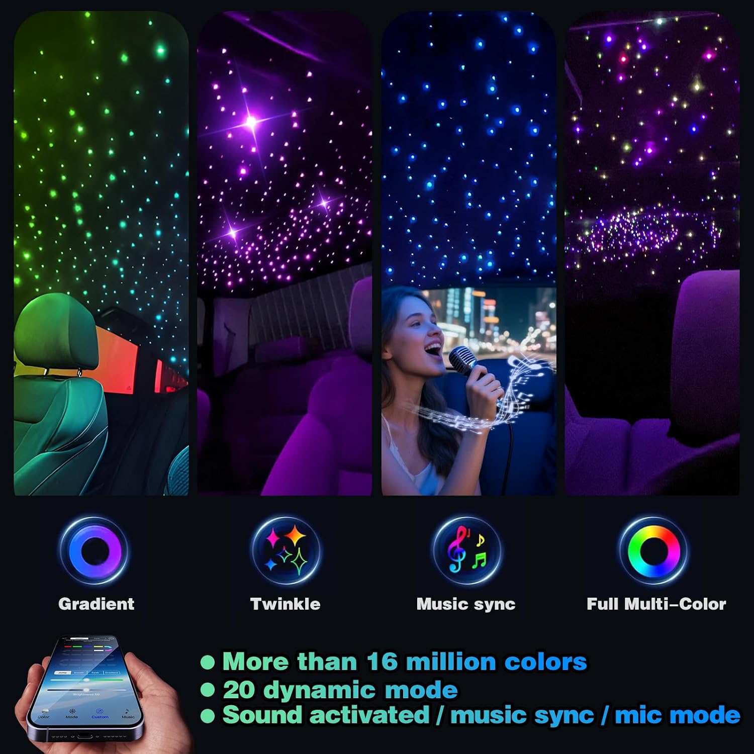 Detalle 2 de Twinkle Starlight Headliner Light Kit (32W, 1000pcs LEDs, 13.1ft) — APP/Remote Control for Car, Home, Party