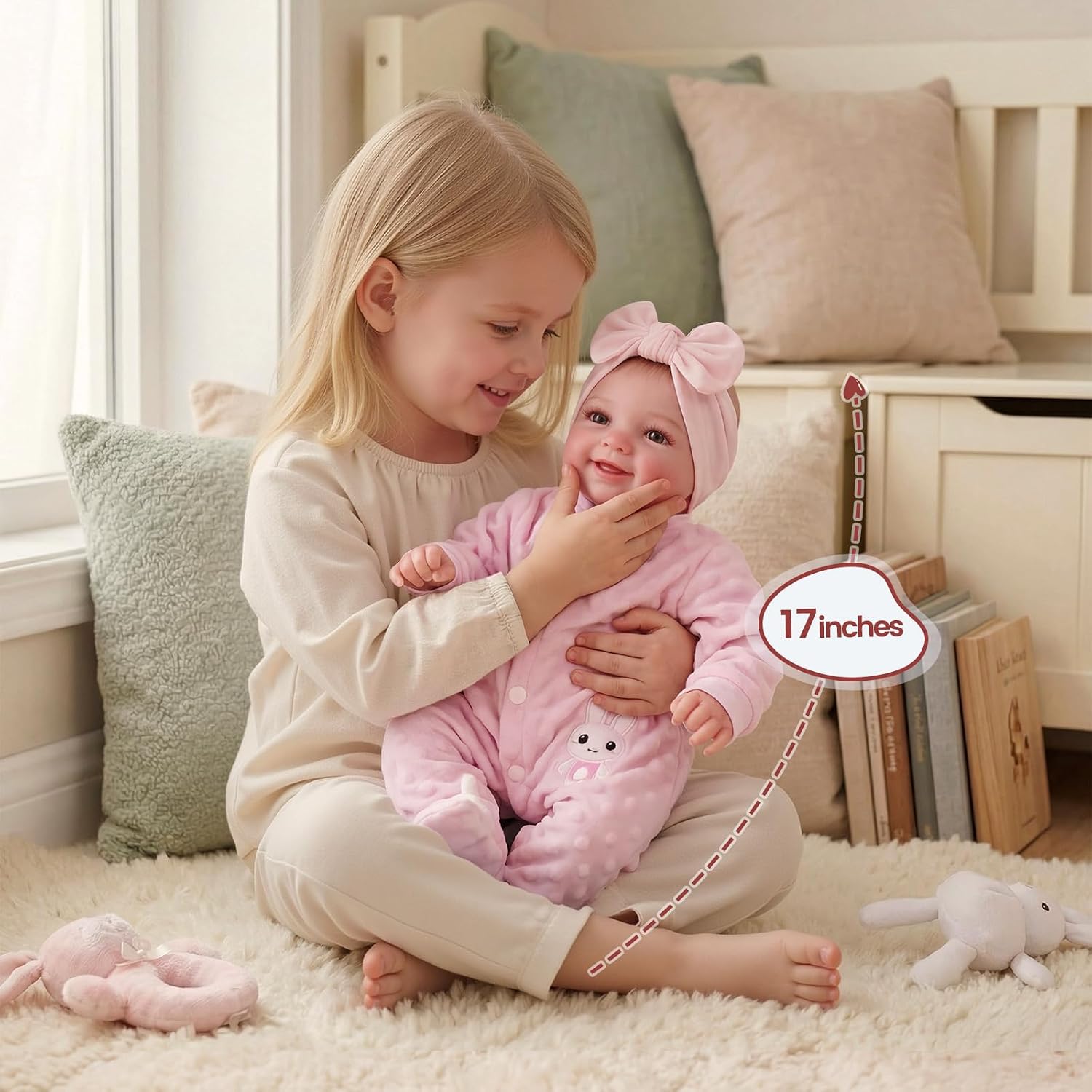 Detalle 2 de BABESIDE Reborn Puppe „Sunny“ – 17 Zoll, Stoffkörper und realistische Details