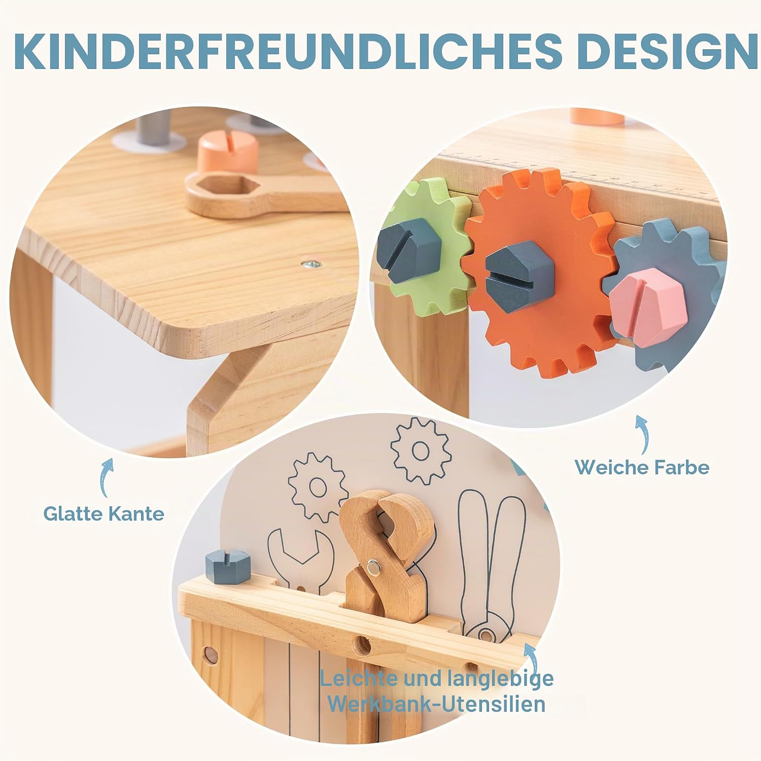 Detalle 2 de ROBUD Holz Werkbank für Kinder – robuste Spielzeug-Werkbank aus Holz, ab 3 Jahren