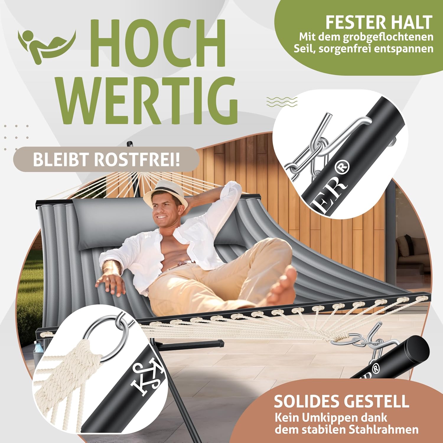 Thumbnail 3 de KESSER Hängematte Hill mit Gestell – Doppelhängematte für 2 Personen, 200 kg belastbar, Indoor & Outdoor, Grau