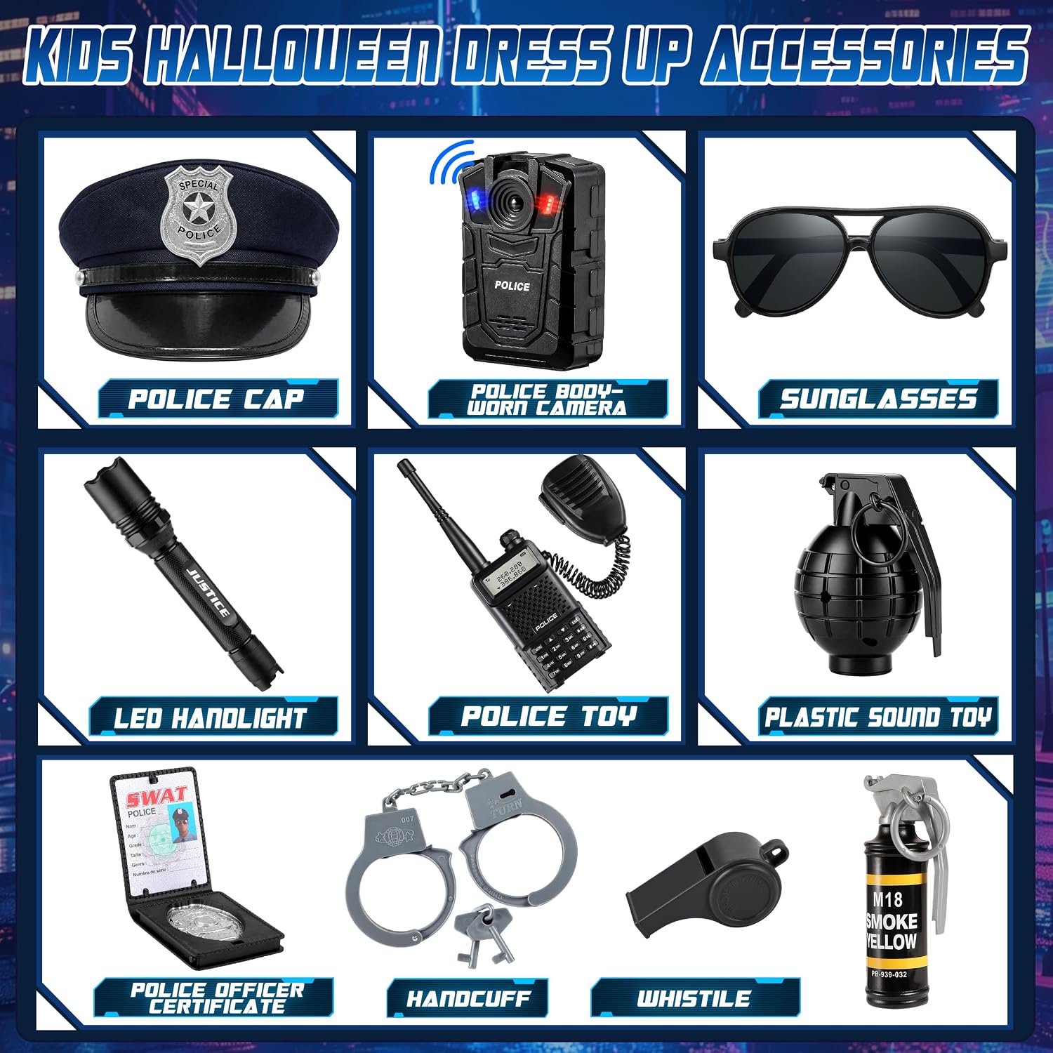 Detalle de Metemot 10-Piece Police Costume Accessory Set with Sound and Light Effects