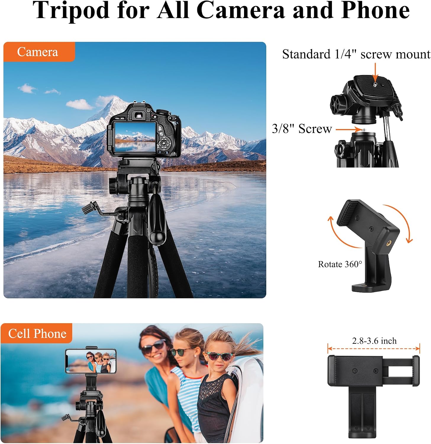 Detalle de Victiv NT70 74-Inch Aluminum Tripod for Cameras and Phones, Orange