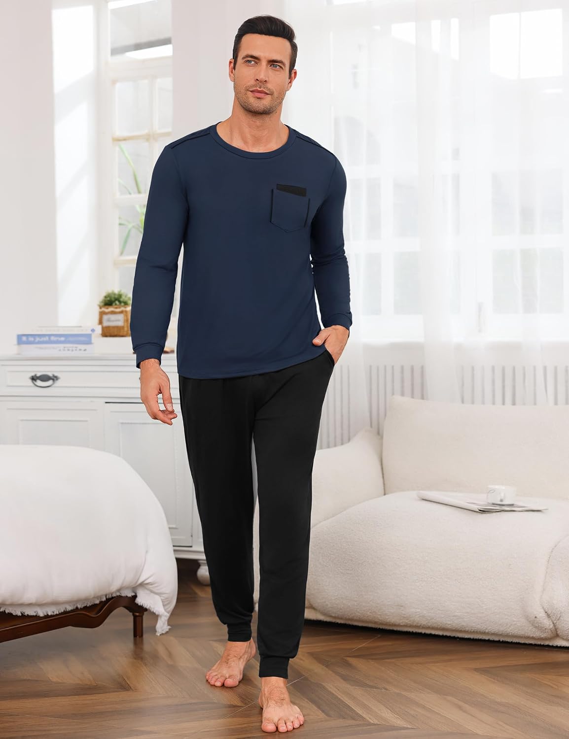 Thumbnail 1 de Uniexcosm Ensemble de Pyjama Homme Hiver en Coton à Manches Longues avec Poches contrastées