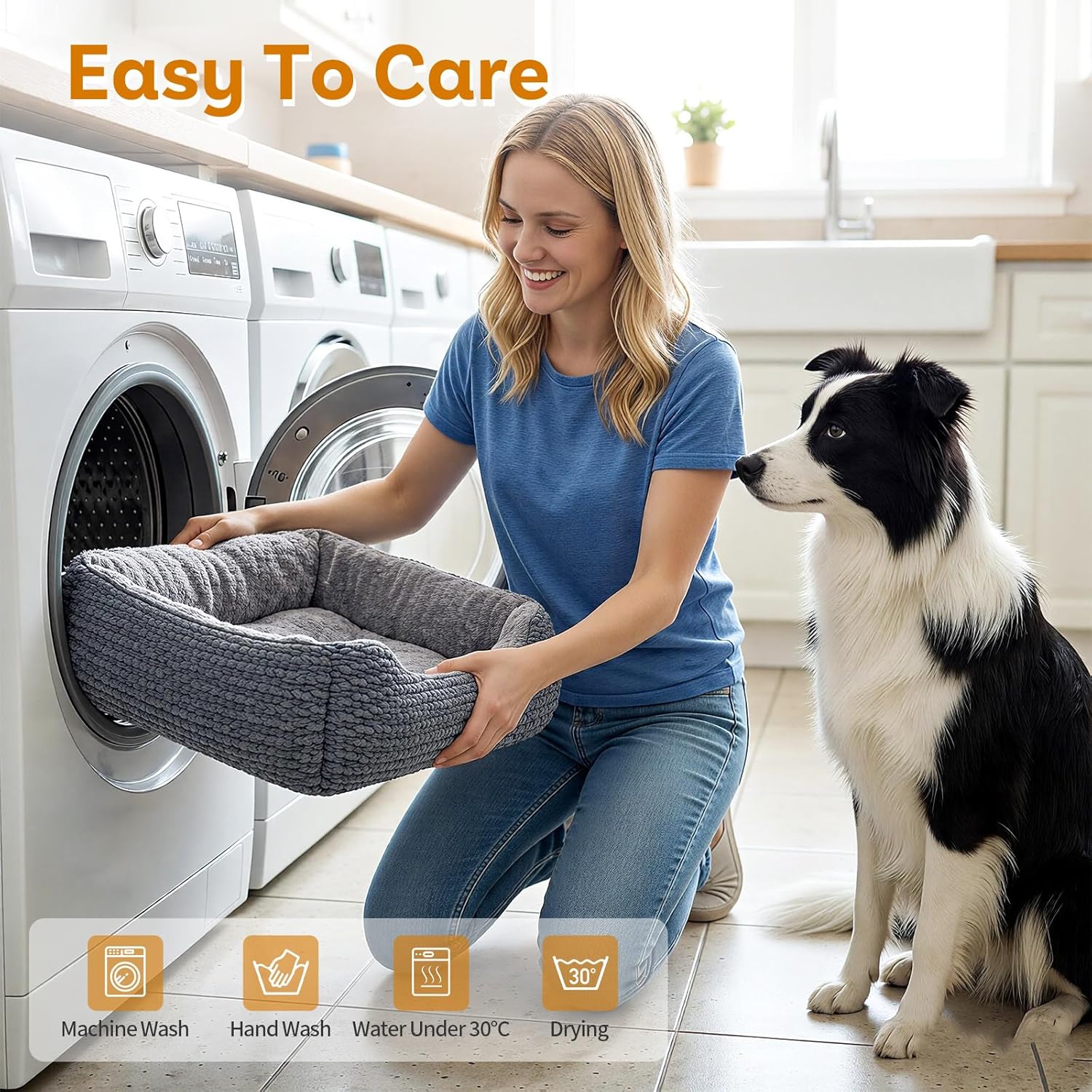 Detalle 2 de Oveppy Large Dog Bed 76x62x23cm – Washable super-soft rectangle with raised edge