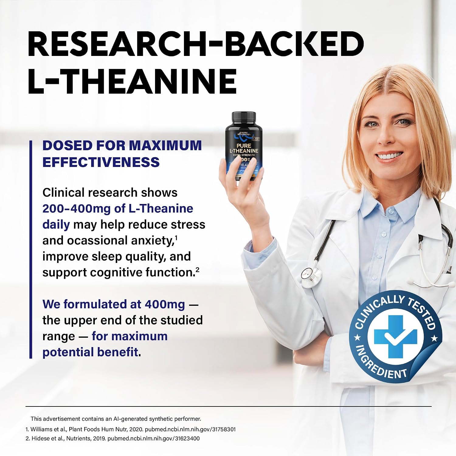 Detalle de NUTRAHARMONY 5 L-Theanine 400 mg, 120-Capsule Vegan Supplement